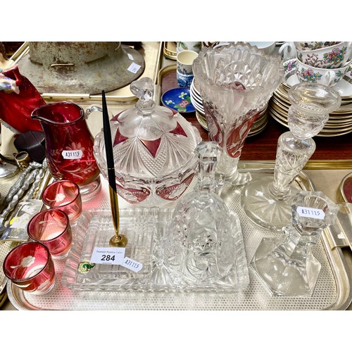 284 - Crystal candleholder, various art glass items to include crystal vase, jug, etc