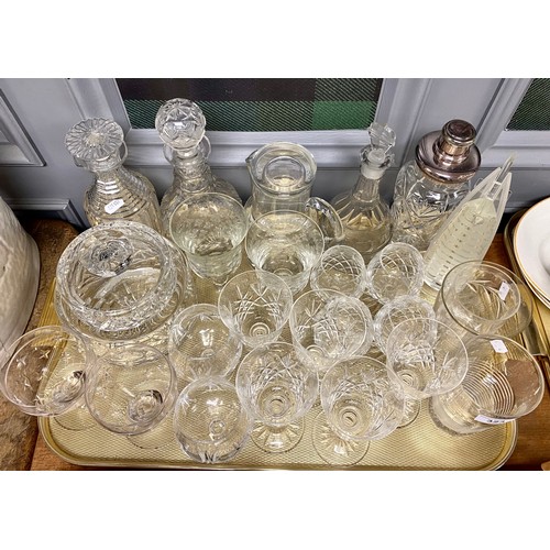 323 - Assorted crystal glasses, cocktail shaker, crystal decanters, etc