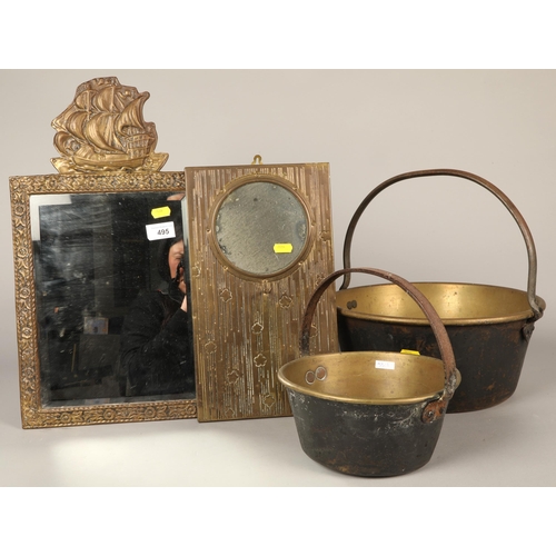 495 - Two mirrors and two brass buckets