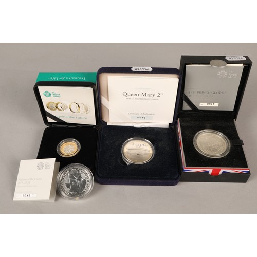 160 - HRH Prince George  of Cambridge £5.00 silver proof coin boxed and also Queen Mary 2 commemorative me... 