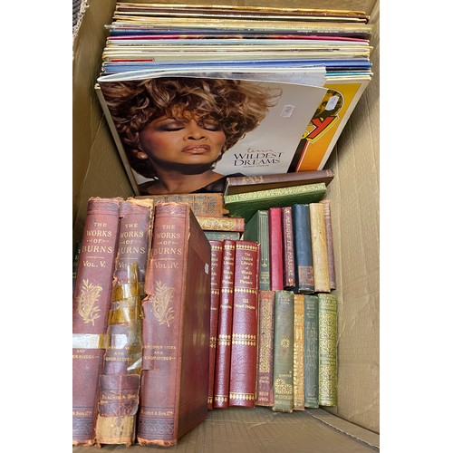 344 - Box of assorted classical records, books including the works of Burns, etc