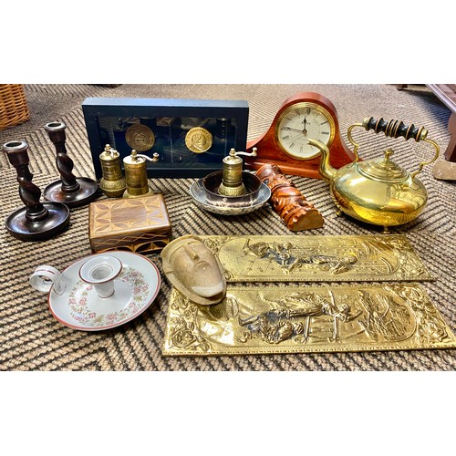 339 - Brass kettle, battery mantel clock, word carvings, etc