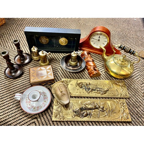 339 - Brass kettle, battery mantel clock, word carvings, etc