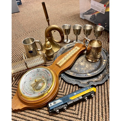 334 - Brass horn, barometer, silver plated tankards, goblets, etc