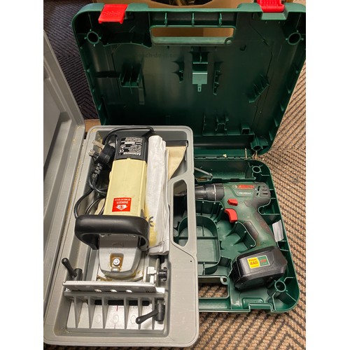 333 - Box of assorted drill bits, saws, Bosch cordless screwdriver, electric biscuit jointer, etc