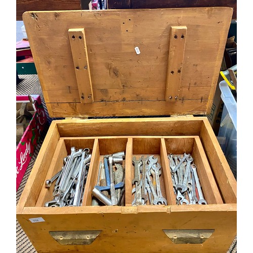 332 - Wooden tool chest, socket set, assorted spanners, etc