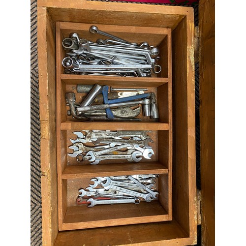 332 - Wooden tool chest, socket set, assorted spanners, etc