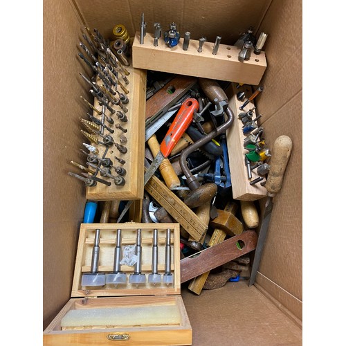 330 - Assorted drill bits, gauges, files, spirit level, spanners, etc