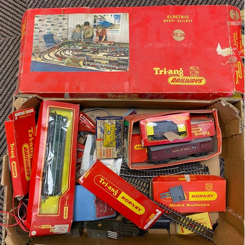 328 - Box of assorted Tri-ang model railway to include engines, tenders, assorted passenger coaches, contr... 