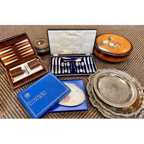 325 - Assorted EP salvers, cased cutlery, hardwood stands, etc