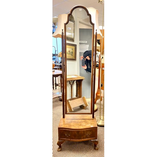 526 - Cheval mirror over walnut drawer, mirror height: 124cm