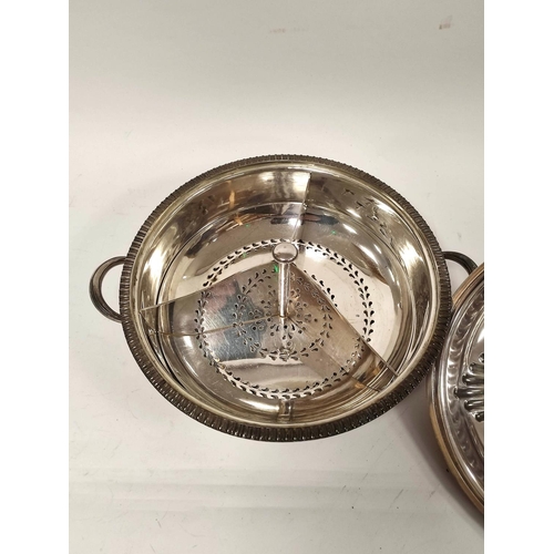 15 - E.p. circular vegetable dish with embossed lid, and a pierced liner/drainer by Mappin & Webb.