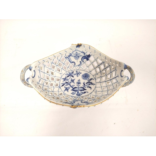 320 - Meissen 19th century blue and white lattice work porcelain twin handled bowl, of boat shape with gil... 