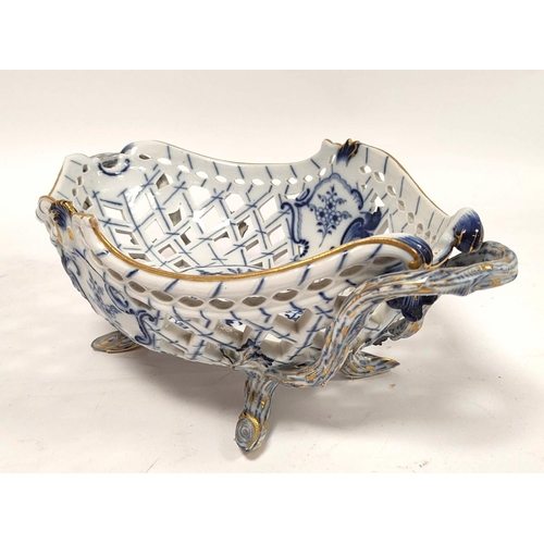 320 - Meissen 19th century blue and white lattice work porcelain twin handled bowl, of boat shape with gil... 