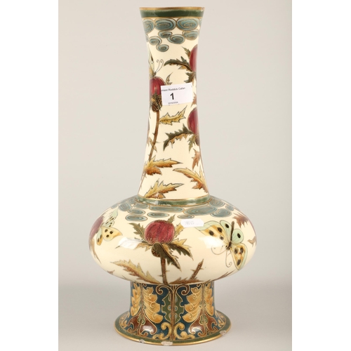 1 - Zolsany baluster vase decorated with thistles and butterflies, 37 cm high(Damages)