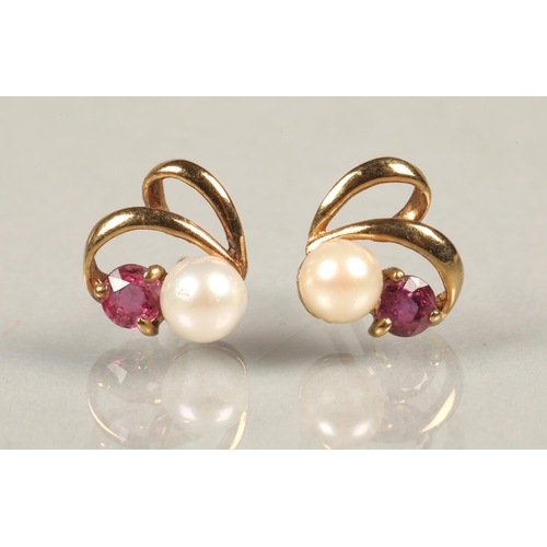 102 - Pair of 9 ct gold, pearl and red stone earrings