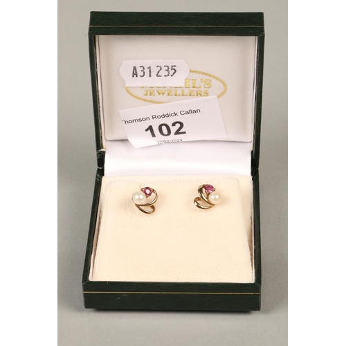 102 - Pair of 9 ct gold, pearl and red stone earrings