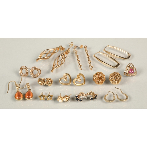 105 - Assorted 9 ct gold earrings and some pairs f costume earrings.total weight20.1 grams