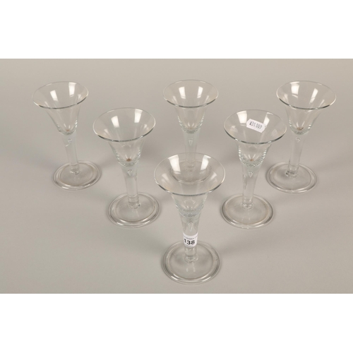 138 - Set of six antique wine glasses with bell shaped bowls with air tear and folded foot