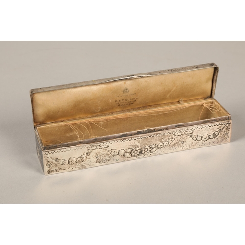 187 - Silver embossed trinket box decorated with cherubs retailed by P & W Sorley 15cm long125 grams... 