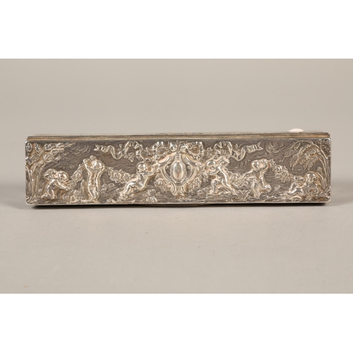 187 - Silver embossed trinket box decorated with cherubs retailed by P & W Sorley 15cm long125 grams... 