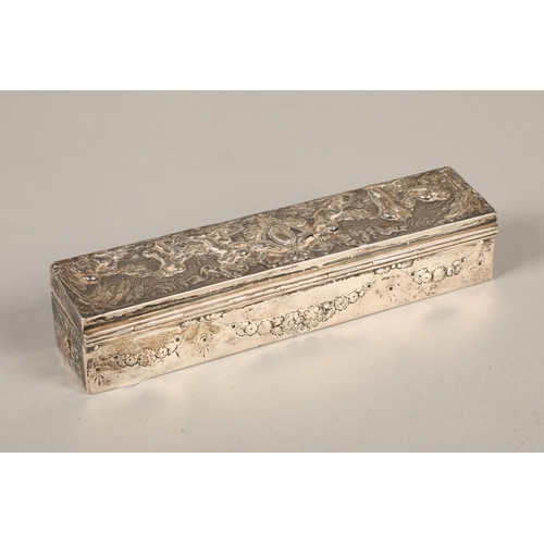 187 - Silver embossed trinket box decorated with cherubs retailed by P & W Sorley 15cm long125 grams... 