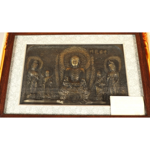 245 - Oriental relief picture depicting central buddha in presentation case