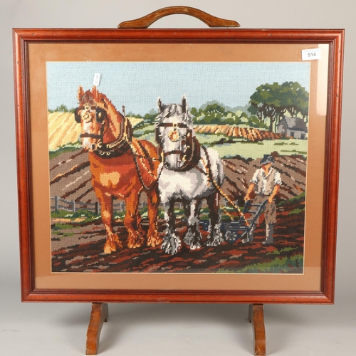 514 - Mahogany firescreen with needlework picture depicting horse plough