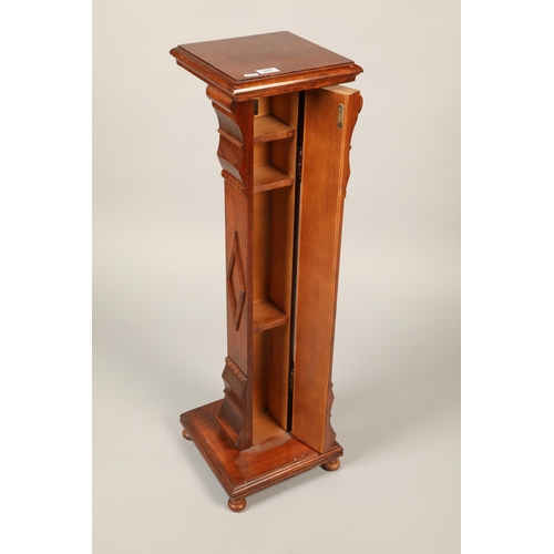 518 - Mahogany marquetry jardiniere stand with internal shelving, approx. 100cm height 