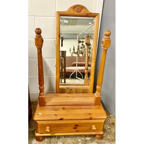 573 - Pine cheval mirror with drawer, mirror height: 122cm