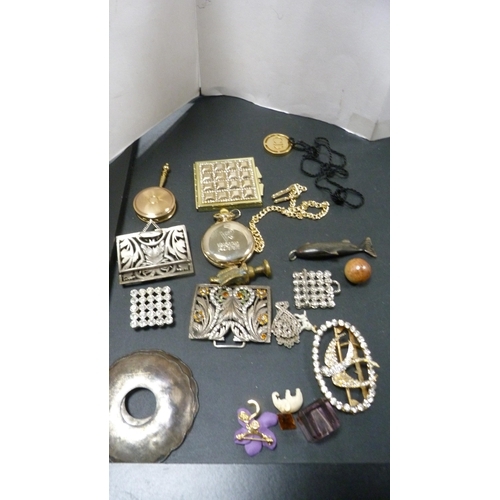 242 - Bag of costume jewellery and curios to include pair of Indian style white metal clan brooches, compa... 