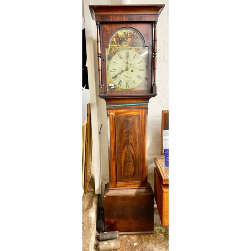 558 - J. Templeton of Ayr mahogany grandfather clock. Face depicts the escape of Mary Queen of Scots and o... 