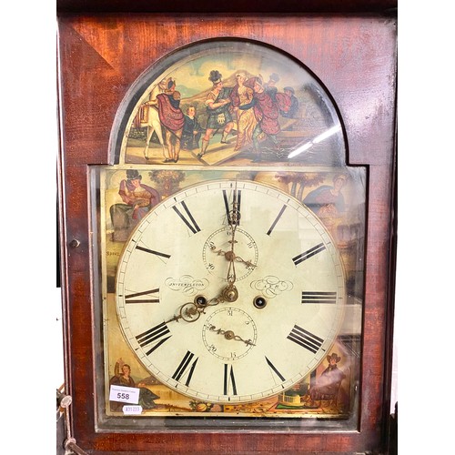 558 - J. Templeton of Ayr mahogany grandfather clock. Face depicts the escape of Mary Queen of Scots and o... 