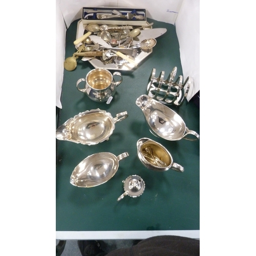 250 - Group of EP and plated wares to include sauce boats, waiter, tray, flatware etc.