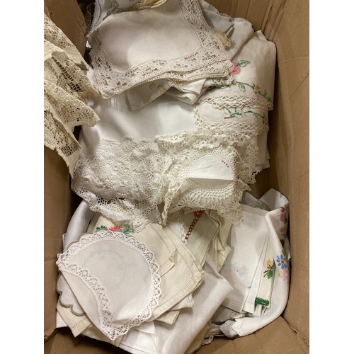 643 - Box of linen, embroidered table wear etc