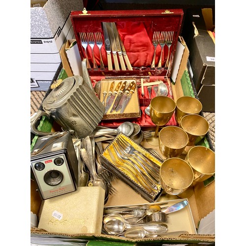 382 - Silver plated cutlery, brass goblets, Kodak Brownie Model I camera, etc 