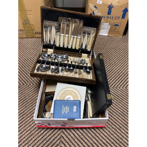 351 - Assorted cased cutlery, British coins, afternoon tea knives, etc