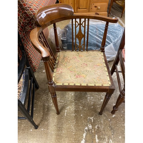 584 - Edwardian inlaid corner chair with floral upholstery, 74cm height