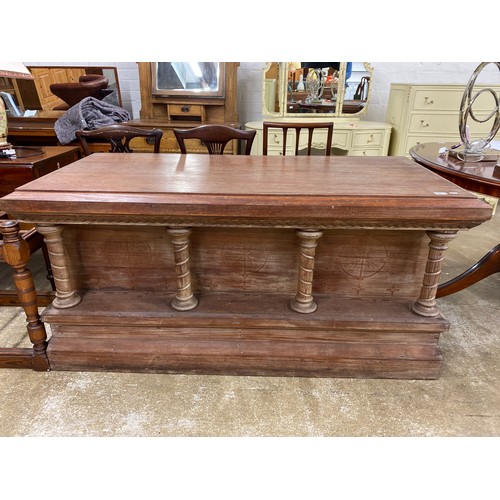 586 - Large pine altar table with four drawers and pillars, H 78cm, W 160cm, D 76cm