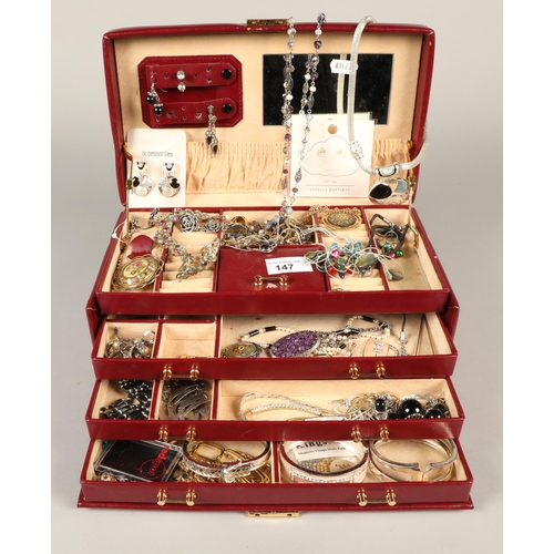 147 - A jewellery box containing costume jewellery to include beads, pendants etc