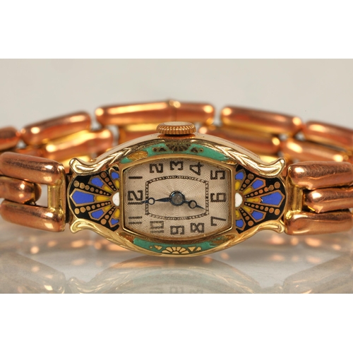 77 - 9 ct gold cocktail watch with enamel surround to the dial.13.4 grams