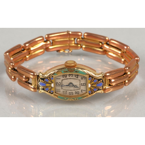 77 - 9 ct gold cocktail watch with enamel surround to the dial.13.4 grams