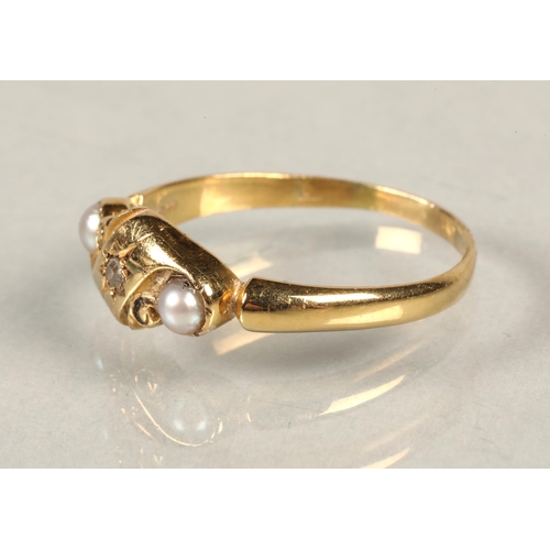 80 - Gold ring with seed pearls and diamond , size O