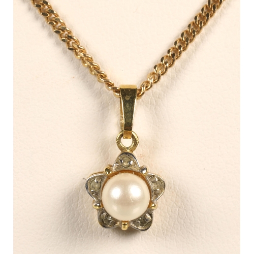 86 - 9 ct gold chain with pendant of pearl and white stone.Total weight 4.7 grams