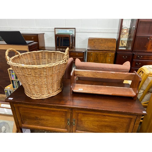 604 - Weaved wicker basket and small book shelf