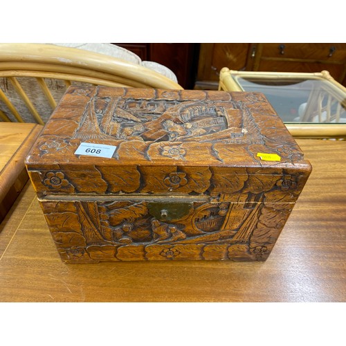 608 - Carved hardwood storage box (lid broken)