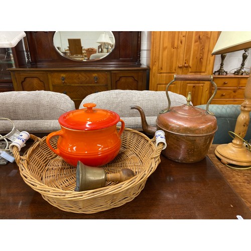 614 - Copper kettle, brass bell, Le Creuset tureen, etc