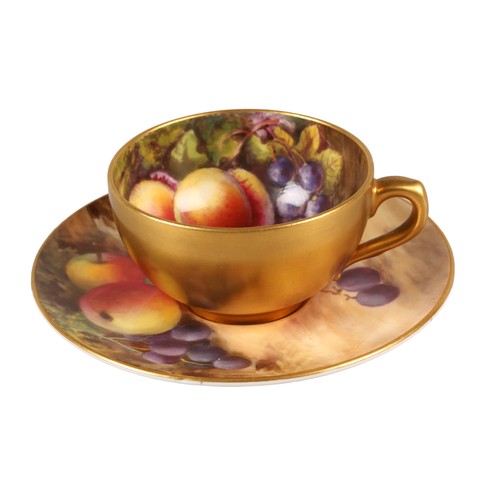 Royal Worcester small tea cup signed W H Austin and saucer, signed T Lockyer. Cup 6 cm diameter, saucer 9.5 cm