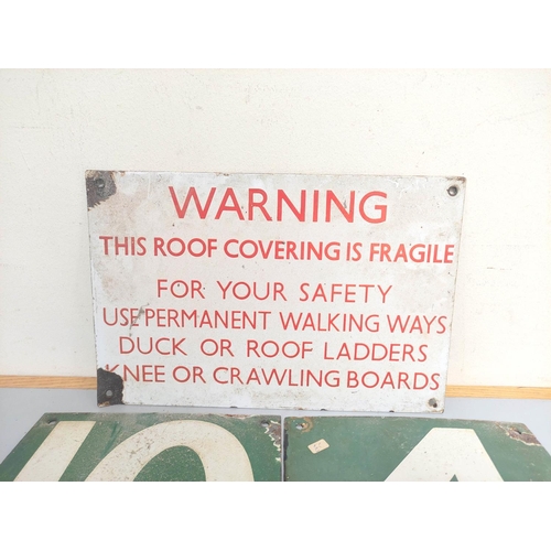 441 - Collection of 20th century enamel signs to include a rectangular fragile roof warning sign, overhead... 