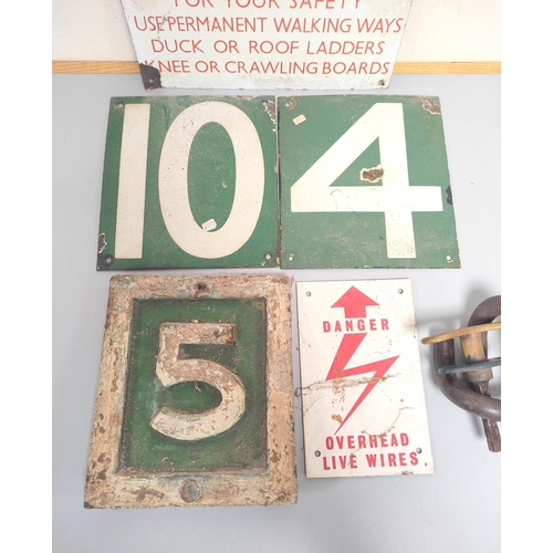 441 - Collection of 20th century enamel signs to include a rectangular fragile roof warning sign, overhead... 